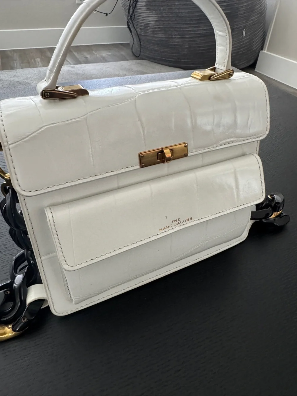 Marc Jacobs White Croc-Embossed Satchel with Black Chain Strap